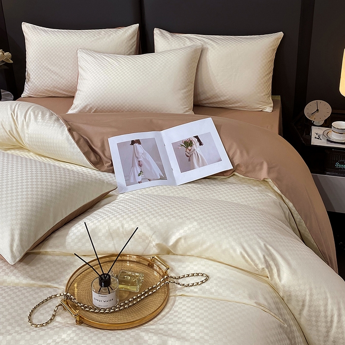 91家纺网 家纺一手货源 找家纺 金鑫汇家纺 2024新款长绒棉提花小方格系列四件套单品系列-单被套 奶昔白+咖（新拍）