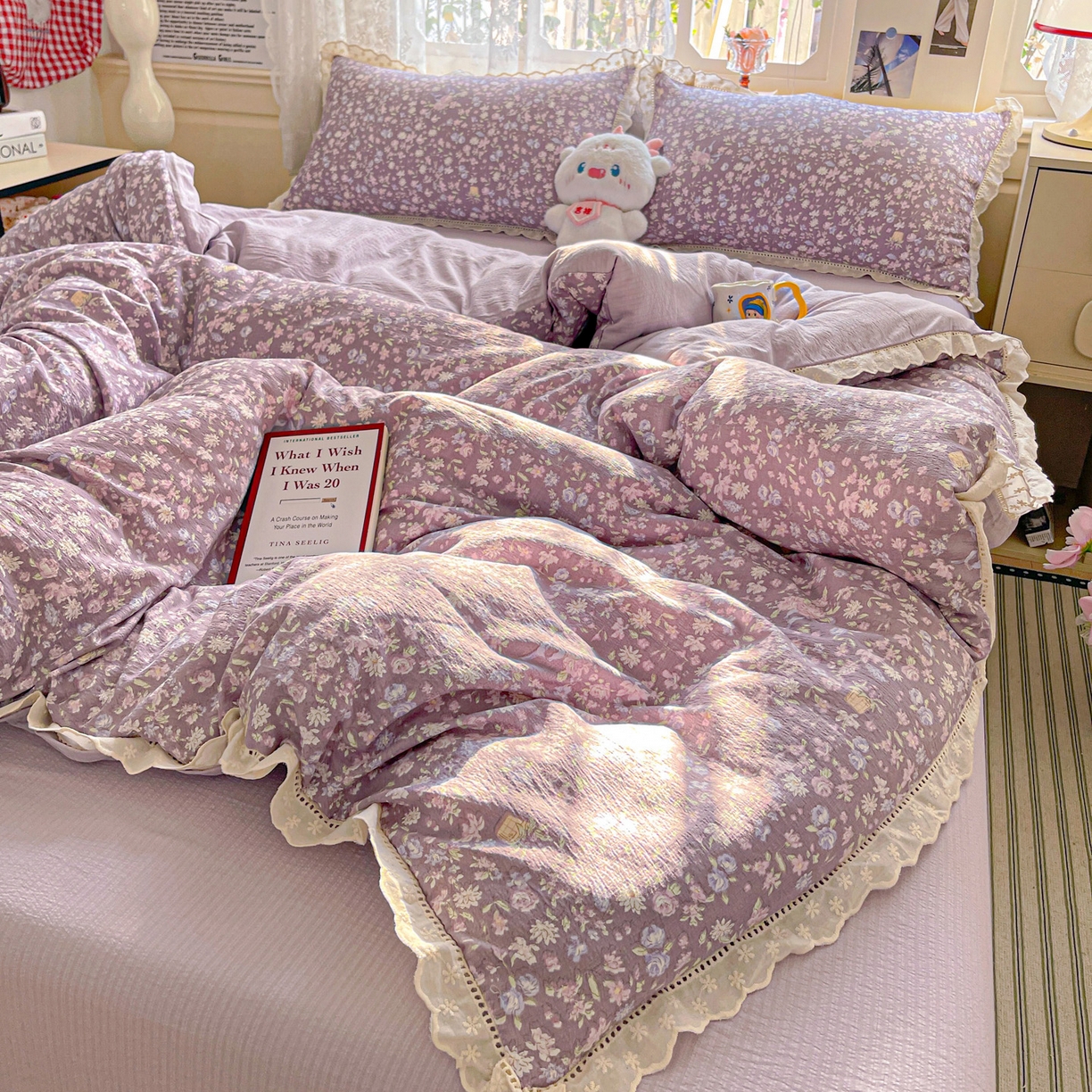 91家纺网 家纺一手货源 找家纺 水木坊 2025新款全棉镂空花边皱皱双层纱四件套专供网销直播 雅韵