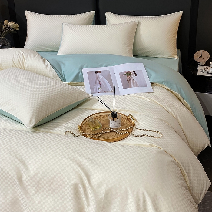 91家纺网 家纺一手货源 找家纺 金鑫汇家纺 2024新款长绒棉提花小方格系列四件套单品系列-单被套 奶昔白+水绿（新拍）