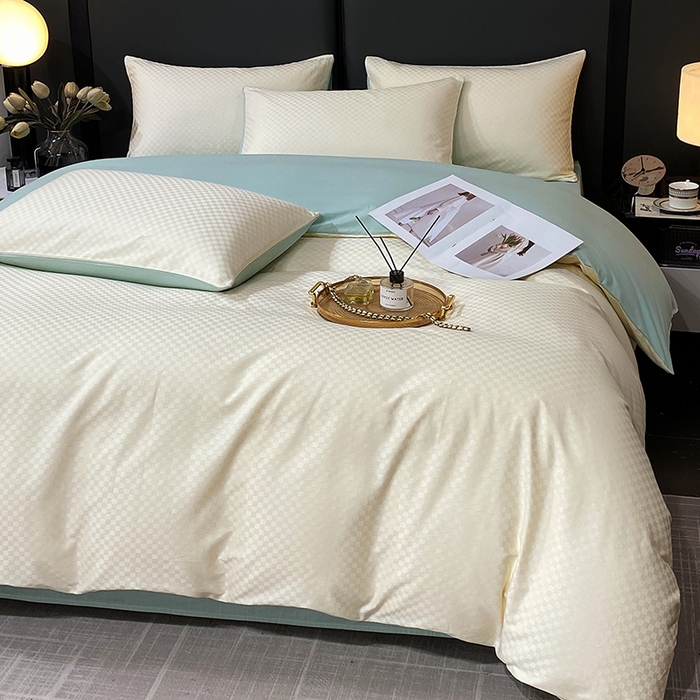 91家纺网 家纺一手货源 找家纺 金鑫汇家纺 2024新款长绒棉提花小方格系列四件套单品系列-单被套 奶昔白+水绿（新拍）