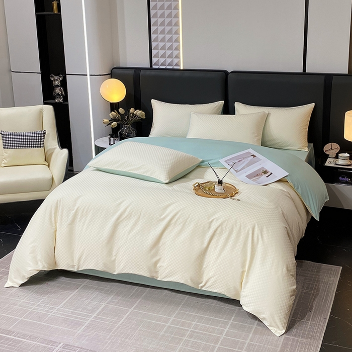 91家纺网 家纺一手货源 找家纺 金鑫汇家纺 2024新款长绒棉提花小方格系列四件套单品系列-单被套 奶昔白+水绿（新拍）