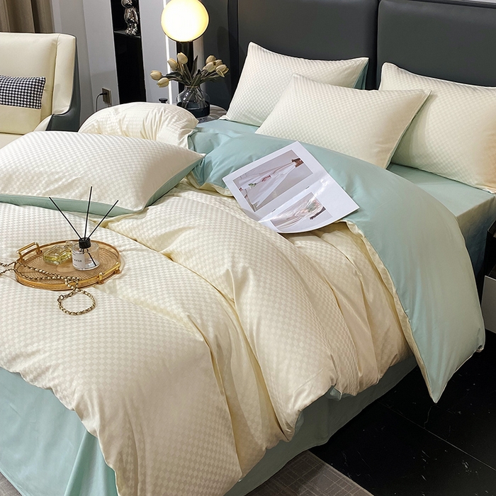 91家纺网 家纺一手货源 找家纺 金鑫汇家纺 2024新款长绒棉提花小方格系列四件套单品系列-单被套 奶昔白+水绿（新拍）