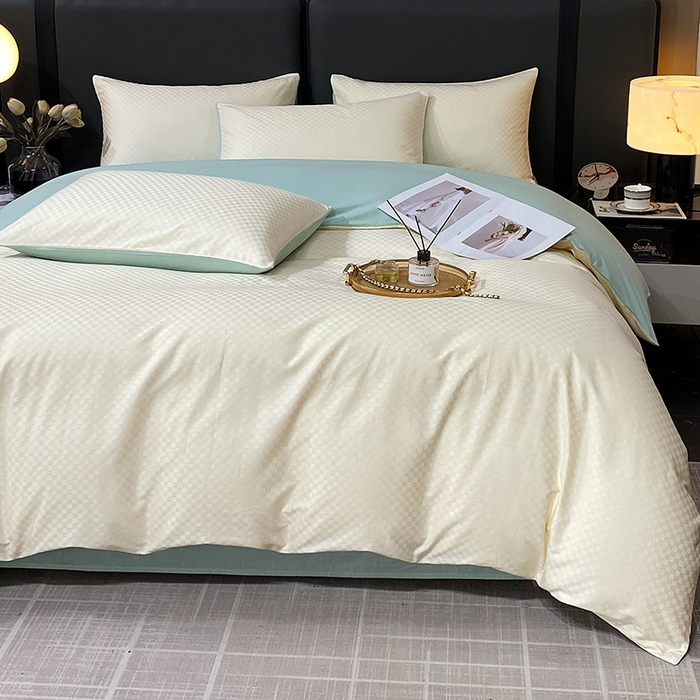 91家纺网 家纺一手货源 找家纺 金鑫汇家纺 2024新款长绒棉提花小方格系列四件套单品系列-单被套 奶昔白+水绿（新拍）