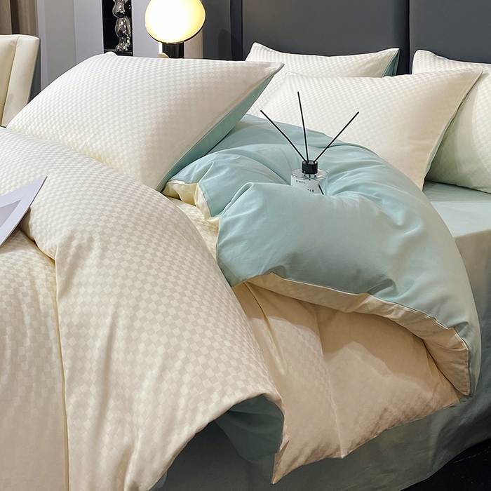 91家纺网 家纺一手货源 找家纺 金鑫汇家纺 2024新款长绒棉提花小方格系列四件套单品系列-单被套 奶昔白+水绿（新拍）