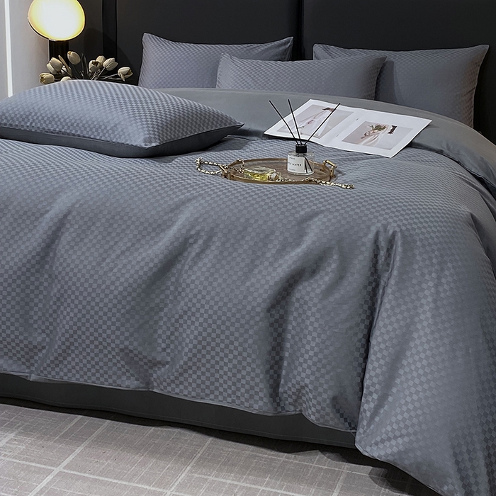 91家纺网 家纺一手货源 找家纺 金鑫汇家纺 2024新款长绒棉提花小方格系列四件套单品系列-单被套 深灰（新拍）