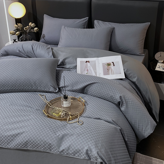 91家纺网 家纺一手货源 找家纺 金鑫汇家纺 2024新款长绒棉提花小方格系列四件套单品系列-单被套 深灰（新拍）