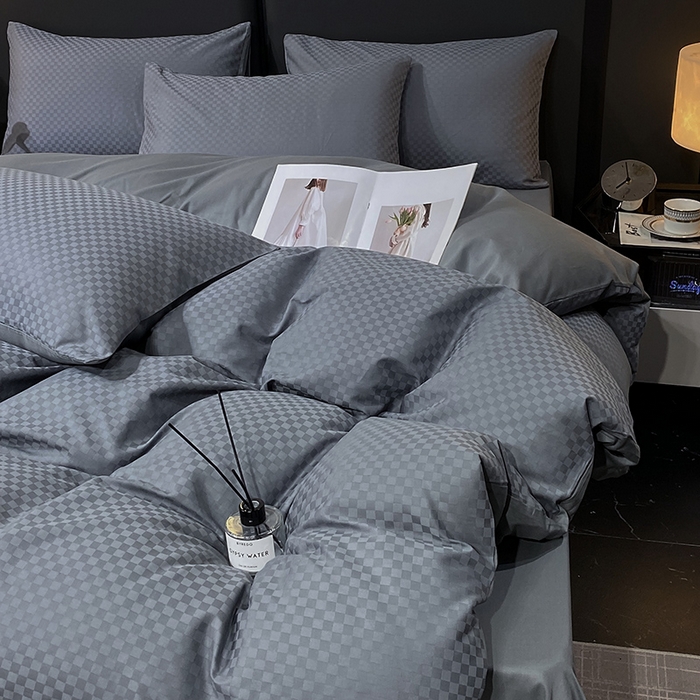 91家纺网 家纺一手货源 找家纺 金鑫汇家纺 2024新款长绒棉提花小方格系列四件套单品系列-单被套 深灰（新拍）