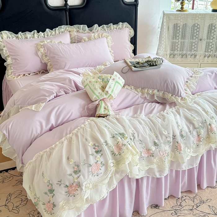 91家纺网 家纺一手货源 找家纺 （总）米可2025新款云朵棉雪纺蕾丝刺绣公主风韩版床裙四件套