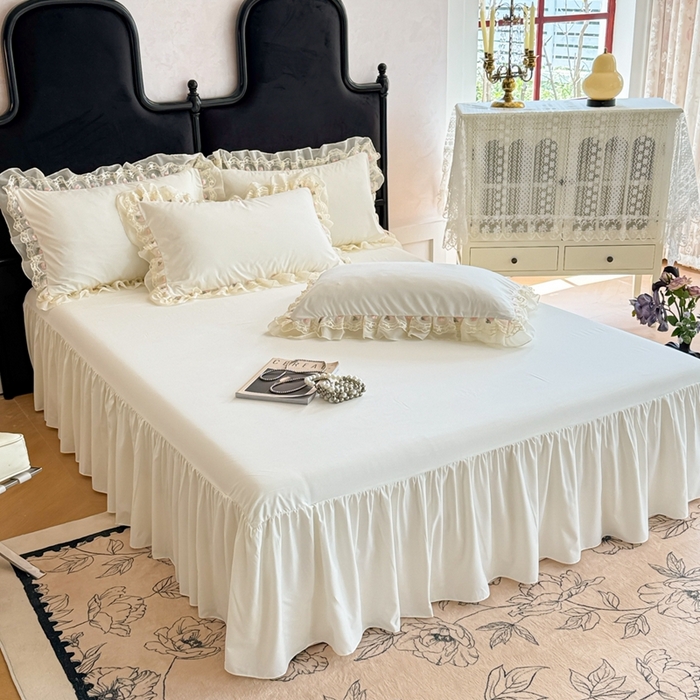 91家纺网 家纺一手货源 找家纺 米可2025新款云朵棉雪纺蕾丝刺绣公主风韩版床裙四件套 艾薇儿~白