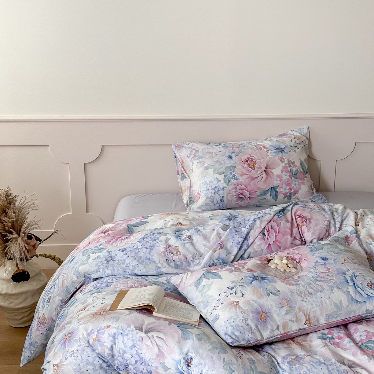 91家纺网 家纺一手货源 找家纺 （总）窝米 2025新品全棉双层纱法式风花卉四件套系列（蔷薇绿 月丹）