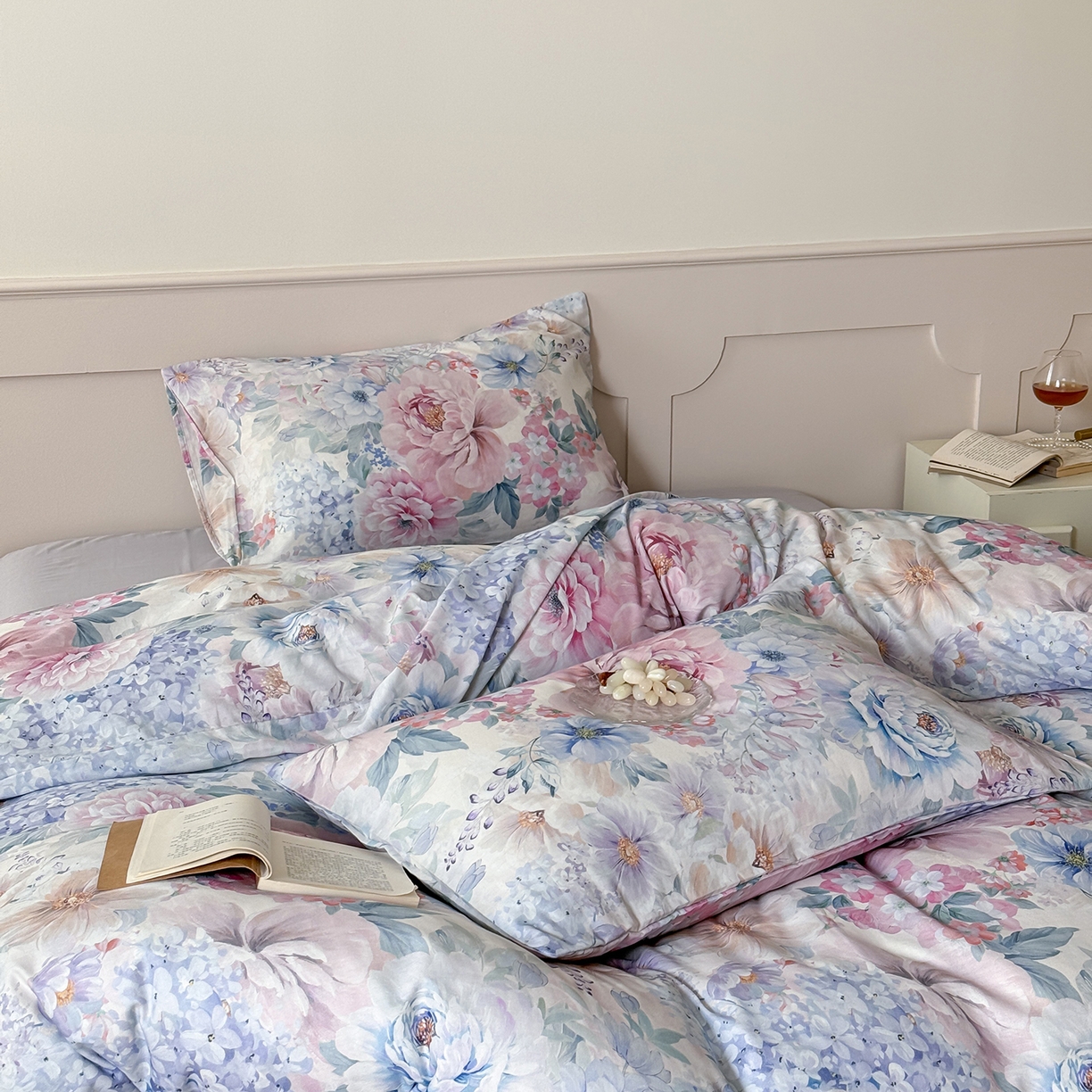 91家纺网 家纺一手货源 找家纺 （总）窝米 2025新品全棉双层纱法式风花卉四件套系列（蔷薇绿 月丹）