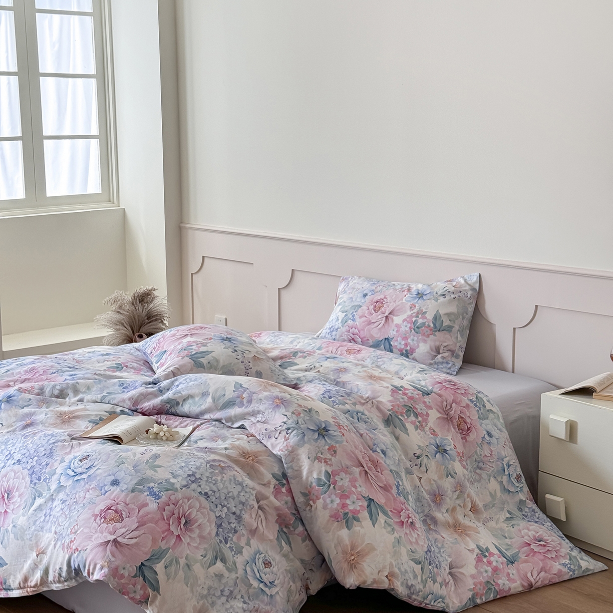 91家纺网 家纺一手货源 找家纺 （总）窝米 2025新品全棉双层纱法式风花卉四件套系列（蔷薇绿 月丹）