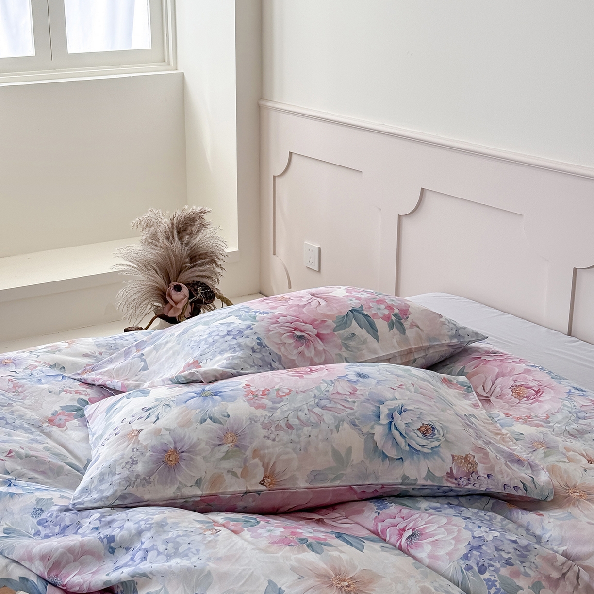 91家纺网 家纺一手货源 找家纺 （总）窝米 2025新品全棉双层纱法式风花卉四件套系列（蔷薇绿 月丹）