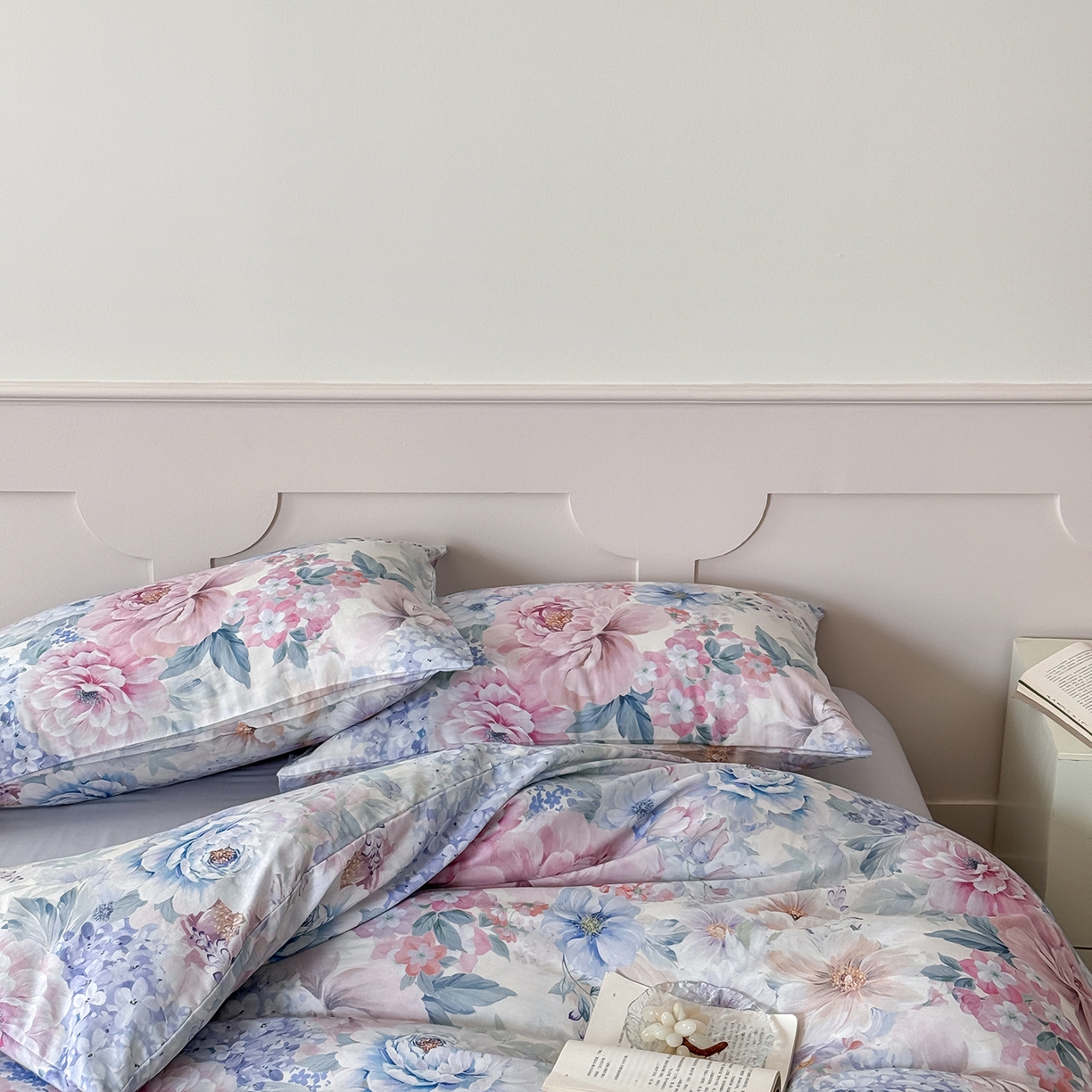 91家纺网 家纺一手货源 找家纺 （总）窝米 2025新品全棉双层纱法式风花卉四件套系列（蔷薇绿 月丹）