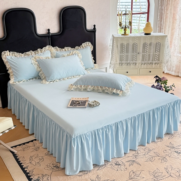 91家纺网 家纺一手货源 找家纺 米可2025新款云朵棉雪纺蕾丝刺绣公主风韩版床裙四件套 艾薇儿~蓝