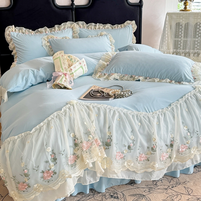 91家纺网 家纺一手货源 找家纺 米可2025新款云朵棉雪纺蕾丝刺绣公主风韩版床裙四件套 艾薇儿~蓝