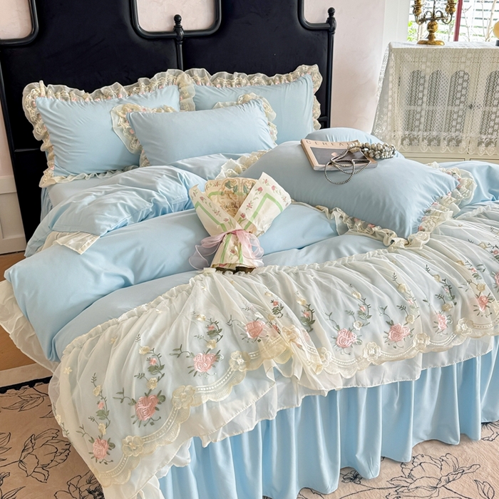91家纺网 家纺一手货源 找家纺 米可2025新款云朵棉雪纺蕾丝刺绣公主风韩版床裙四件套 艾薇儿~蓝