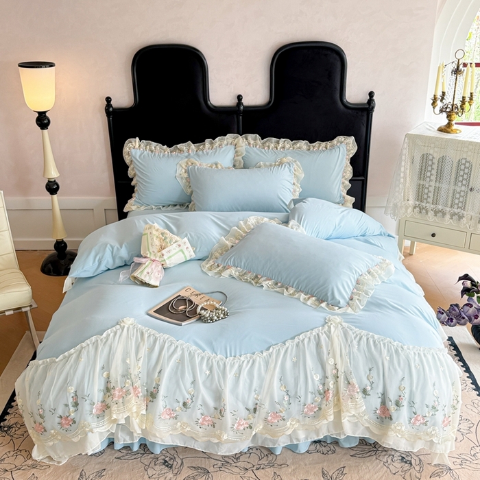 米可2025新款云朵棉雪纺蕾丝刺绣公主风韩版床裙四件套 艾薇儿~蓝