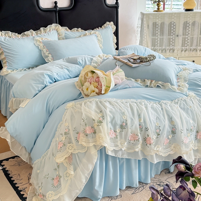 91家纺网 家纺一手货源 找家纺 米可2025新款云朵棉雪纺蕾丝刺绣公主风韩版床裙四件套 艾薇儿~蓝