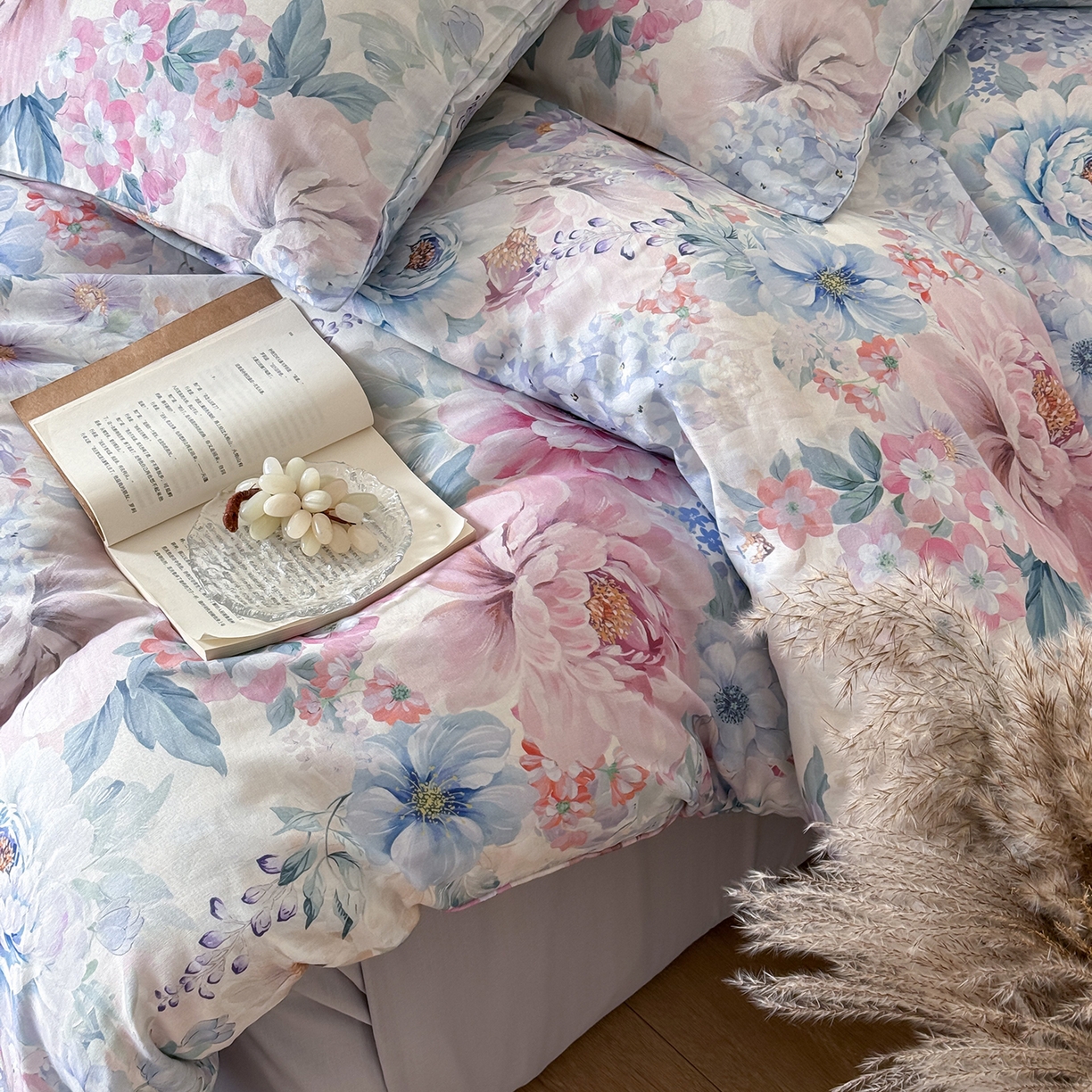 91家纺网 家纺一手货源 找家纺 （总）窝米 2025新品全棉双层纱法式风花卉四件套系列（蔷薇绿 月丹）