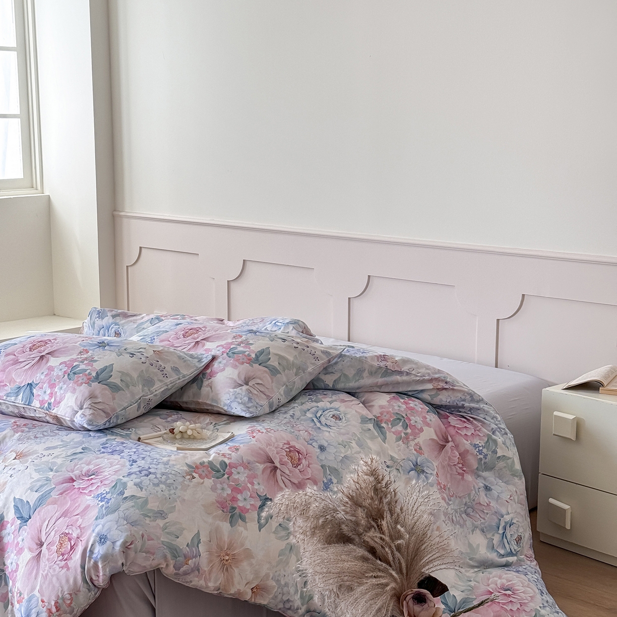 91家纺网 家纺一手货源 找家纺 （总）窝米 2025新品全棉双层纱法式风花卉四件套系列（蔷薇绿 月丹）