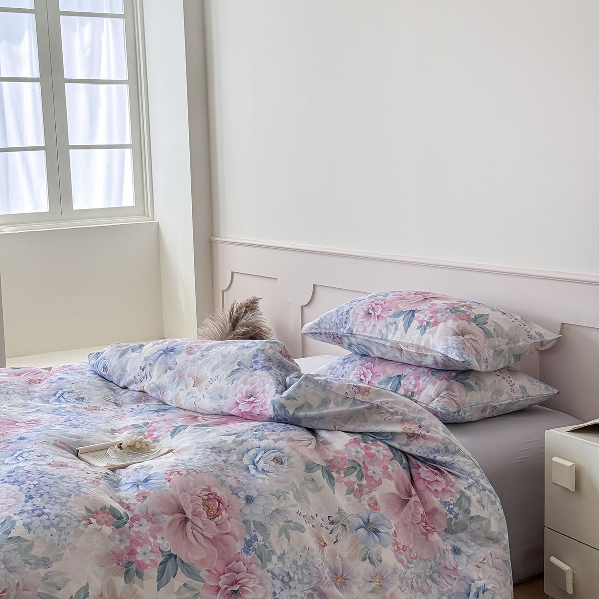 91家纺网 家纺一手货源 找家纺 （总）窝米 2025新品全棉双层纱法式风花卉四件套系列（蔷薇绿 月丹）