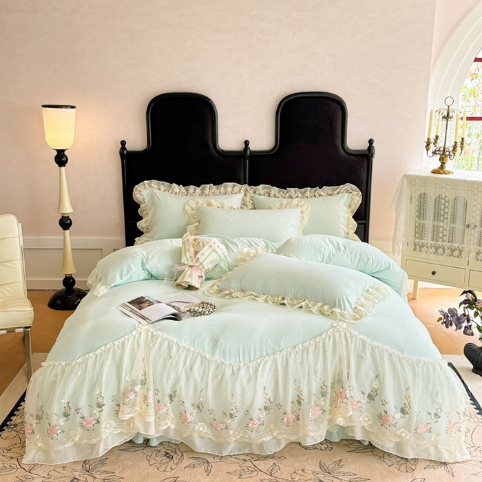 米可2025新款云朵棉雪纺蕾丝刺绣公主风韩版床裙四件套 艾薇儿~绿