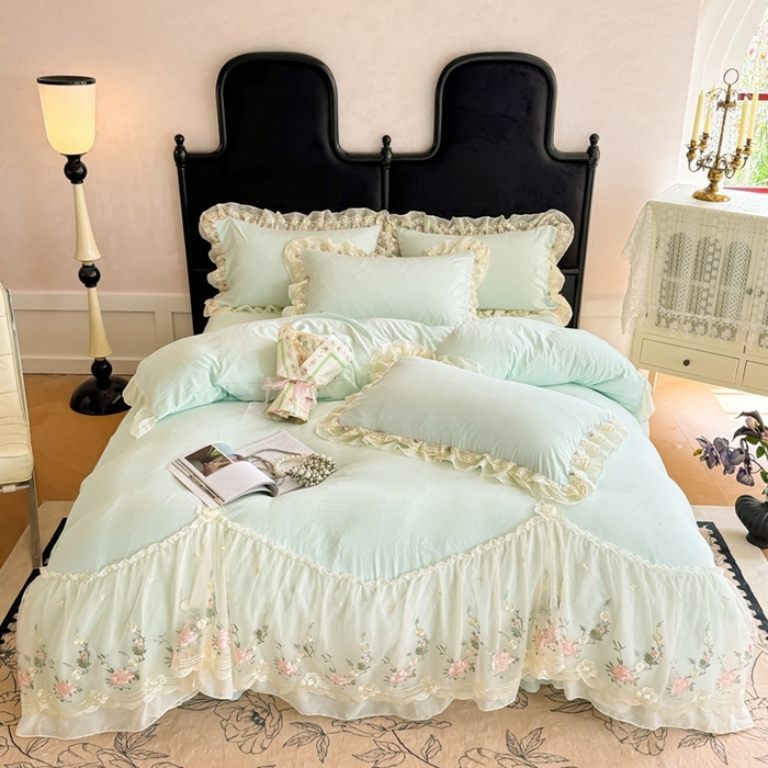 91家纺网 家纺一手货源 找家纺 米可2025新款云朵棉雪纺蕾丝刺绣公主风韩版床裙四件套 艾薇儿~绿