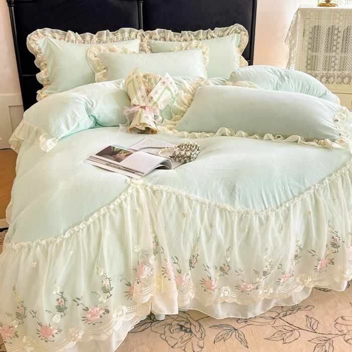 91家纺网 家纺一手货源 找家纺 米可2025新款云朵棉雪纺蕾丝刺绣公主风韩版床裙四件套 艾薇儿~绿
