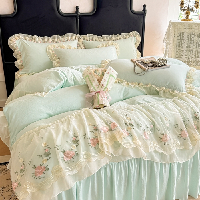 91家纺网 家纺一手货源 找家纺 米可2025新款云朵棉雪纺蕾丝刺绣公主风韩版床裙四件套 艾薇儿~绿