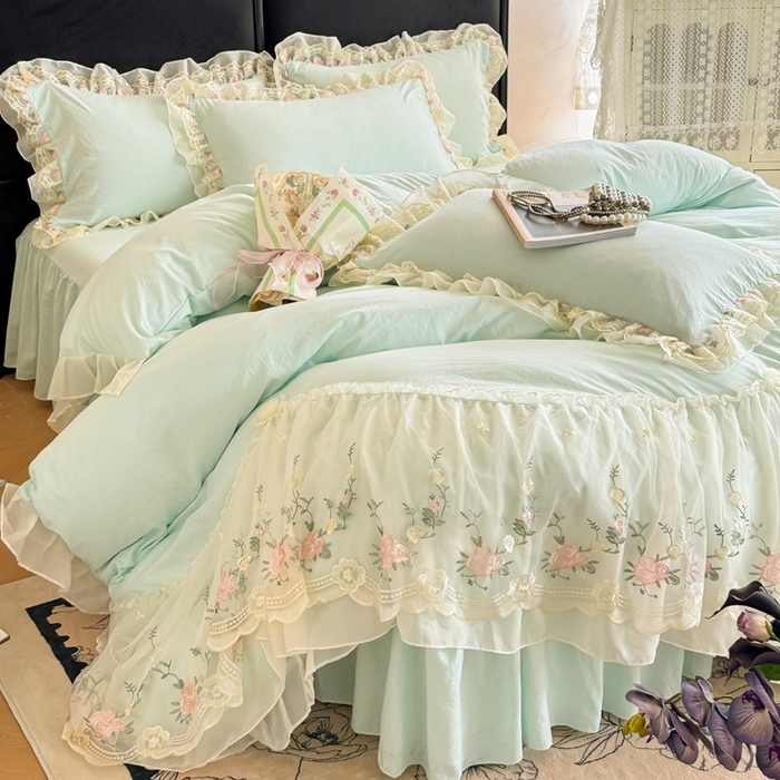91家纺网 家纺一手货源 找家纺 米可2025新款云朵棉雪纺蕾丝刺绣公主风韩版床裙四件套 艾薇儿~绿