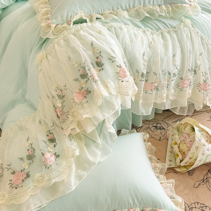 91家纺网 家纺一手货源 找家纺 米可2025新款云朵棉雪纺蕾丝刺绣公主风韩版床裙四件套 艾薇儿~绿