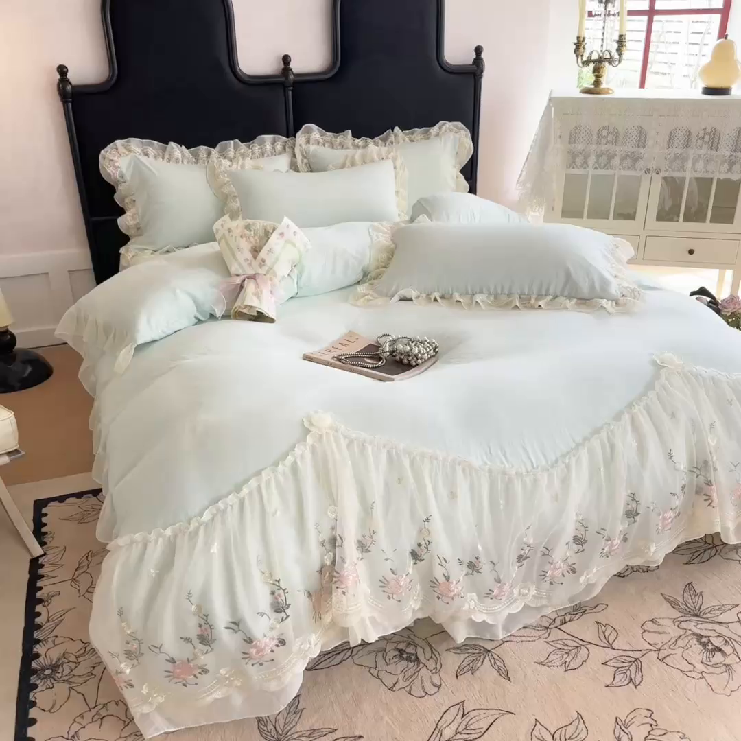 91家纺网 家纺一手货源 找家纺 米可2025新款云朵棉雪纺蕾丝刺绣公主风韩版床裙四件套 艾薇儿~绿