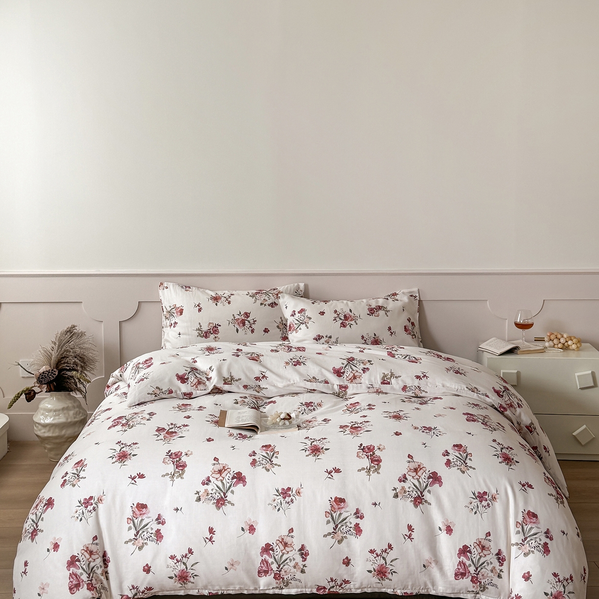 91家纺网 家纺一手货源 找家纺 窝米 2025新品全棉双层纱法式风花卉四件套系列（蔷薇绿 月丹） 墨瑜