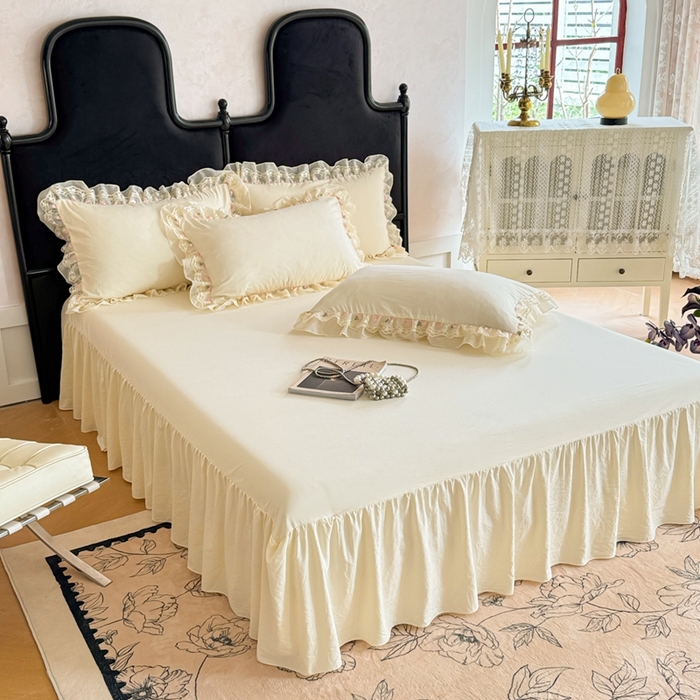 91家纺网 家纺一手货源 找家纺 米可2025新款云朵棉雪纺蕾丝刺绣公主风韩版床裙四件套 艾薇儿~米黄