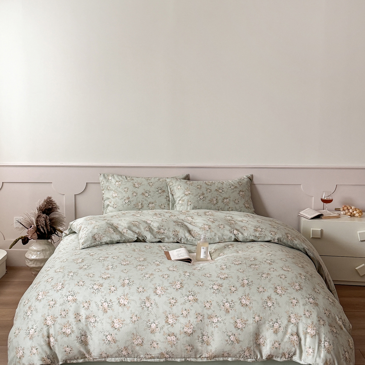 91家纺网 家纺一手货源 找家纺 （总）窝米 2025新品全棉双层纱法式风花卉四件套系列（蔷薇绿 月丹）