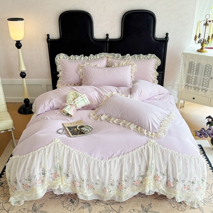 米可2025新款云朵棉雪纺蕾丝刺绣公主风韩版床裙四件套 艾薇儿~紫