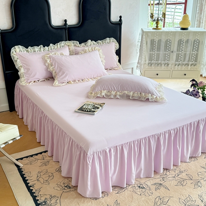 91家纺网 家纺一手货源 找家纺 米可2025新款云朵棉雪纺蕾丝刺绣公主风韩版床裙四件套 艾薇儿~紫