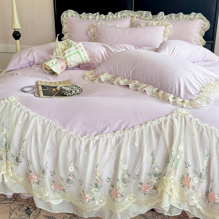 91家纺网 家纺一手货源 找家纺 米可2025新款云朵棉雪纺蕾丝刺绣公主风韩版床裙四件套 艾薇儿~紫