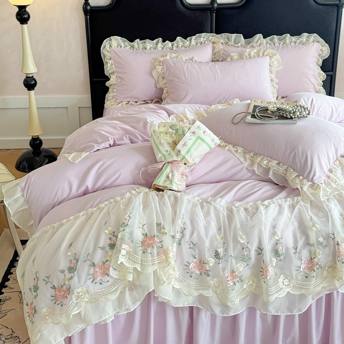 91家纺网 家纺一手货源 找家纺 米可2025新款云朵棉雪纺蕾丝刺绣公主风韩版床裙四件套 艾薇儿~紫