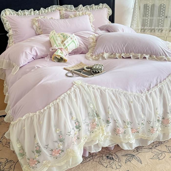 91家纺网 家纺一手货源 找家纺 米可2025新款云朵棉雪纺蕾丝刺绣公主风韩版床裙四件套 艾薇儿~紫