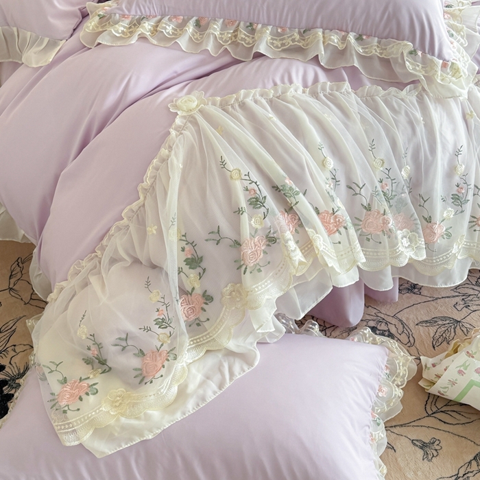 91家纺网 家纺一手货源 找家纺 米可2025新款云朵棉雪纺蕾丝刺绣公主风韩版床裙四件套 艾薇儿~紫