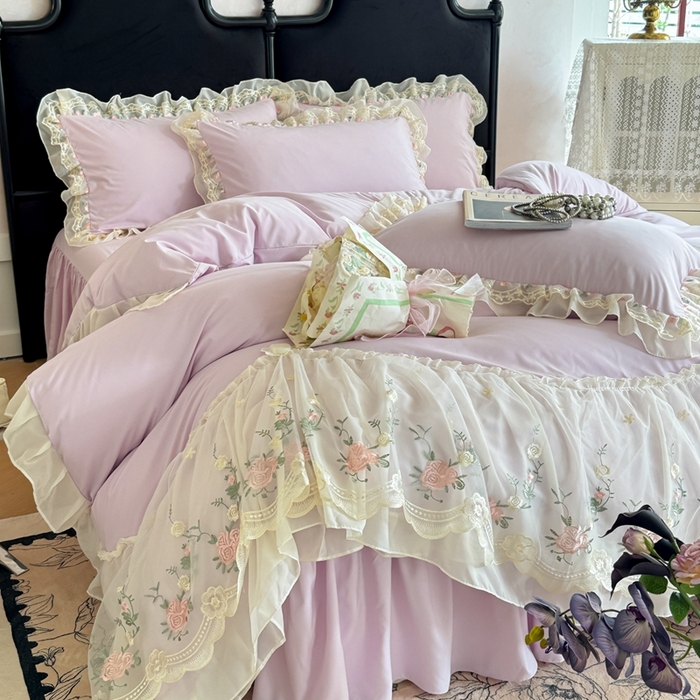 91家纺网 家纺一手货源 找家纺 米可2025新款云朵棉雪纺蕾丝刺绣公主风韩版床裙四件套 艾薇儿~紫