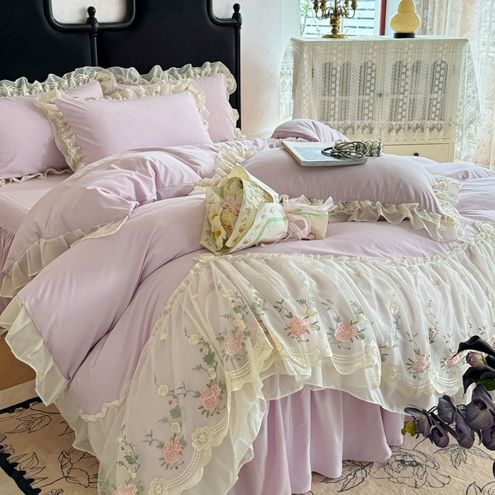 91家纺网 家纺一手货源 找家纺 米可2025新款云朵棉雪纺蕾丝刺绣公主风韩版床裙四件套 艾薇儿~紫