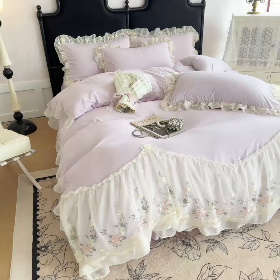 91家纺网 家纺一手货源 找家纺 米可2025新款云朵棉雪纺蕾丝刺绣公主风韩版床裙四件套 艾薇儿~紫