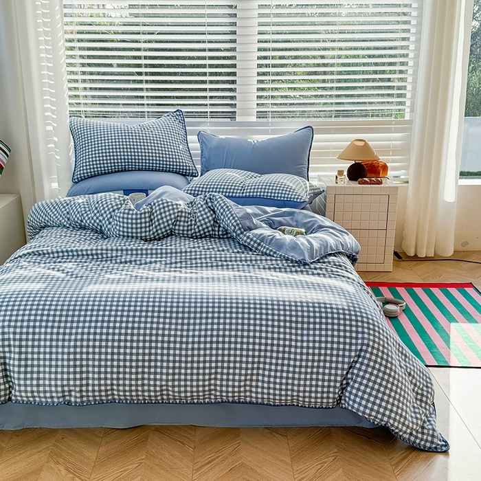 91家纺网 家纺一手货源 找家纺 （总）十一家居 2025春夏新款ins风A类亲肤水洗棉贝壳绣格子四件套——暮光系列