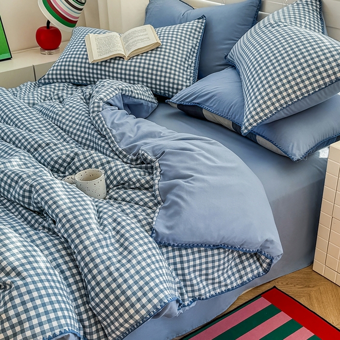 91家纺网 家纺一手货源 找家纺 （总）十一家居 2025春夏新款ins风A类亲肤水洗棉贝壳绣格子四件套——暮光系列