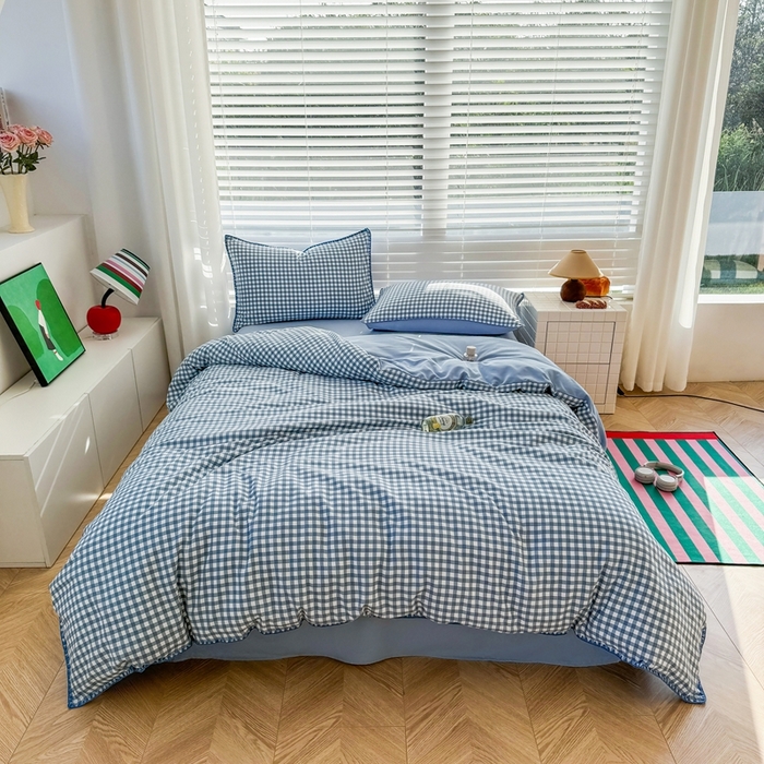 91家纺网 家纺一手货源 找家纺 （总）十一家居 2025春夏新款ins风A类亲肤水洗棉贝壳绣格子四件套——暮光系列