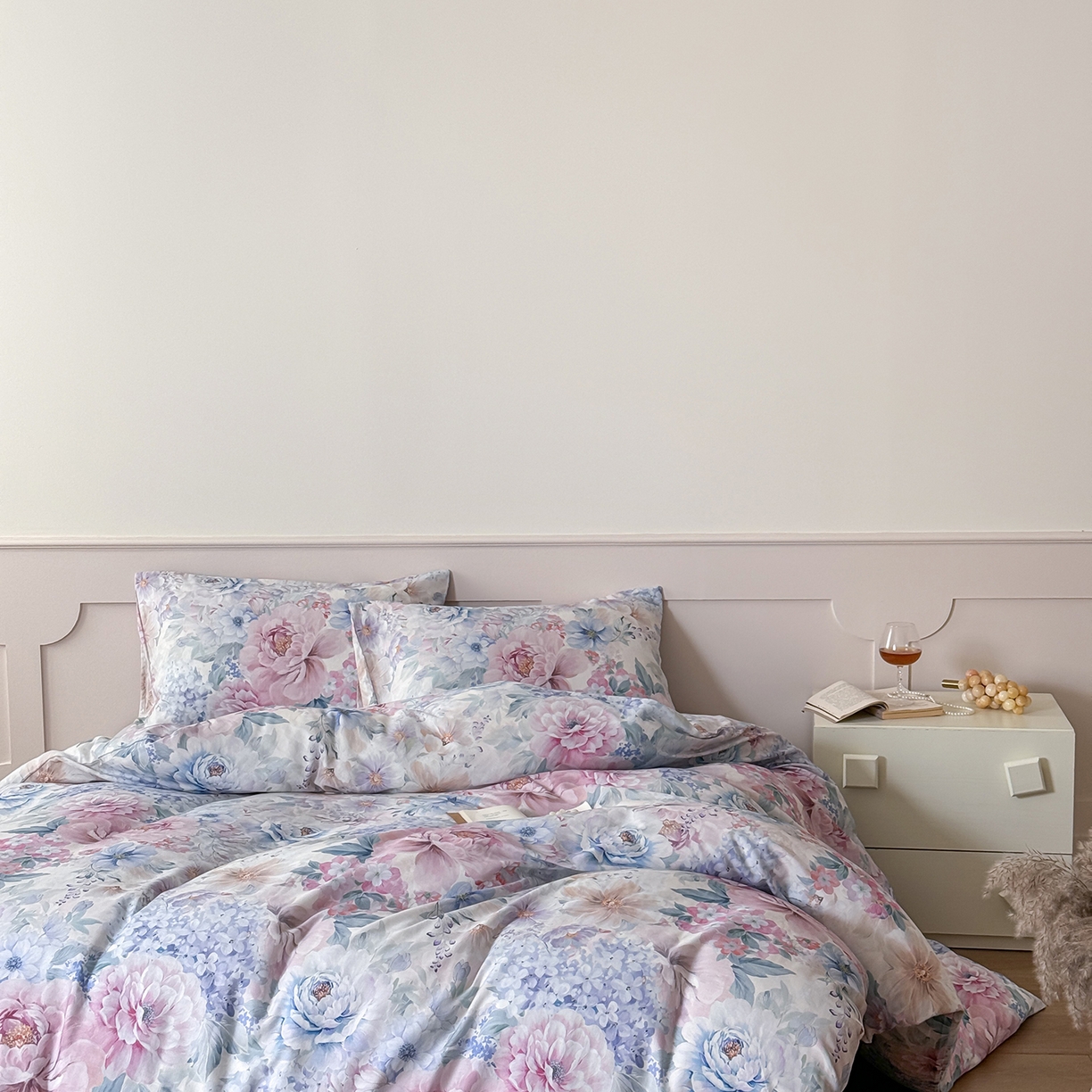 91家纺网 家纺一手货源 找家纺 窝米 2025新品全棉双层纱法式风花卉四件套系列（蔷薇绿 月丹） 不晚花