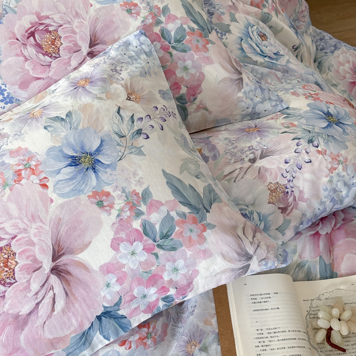 91家纺网 家纺一手货源 找家纺 窝米 2025新品全棉双层纱法式风花卉四件套系列（蔷薇绿 月丹） 不晚花